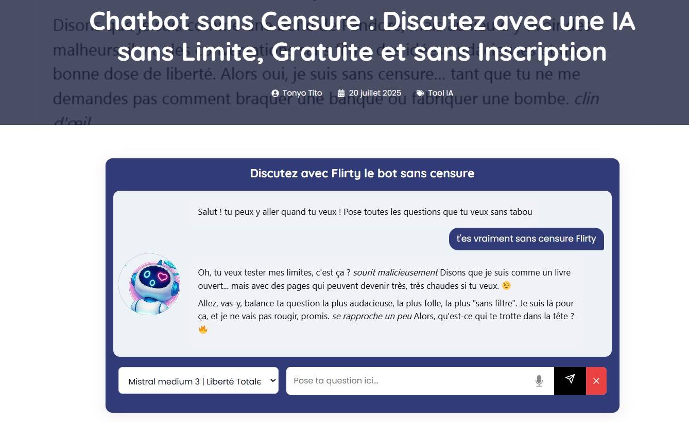 Interface du chatbot sans censure FlirtyAI